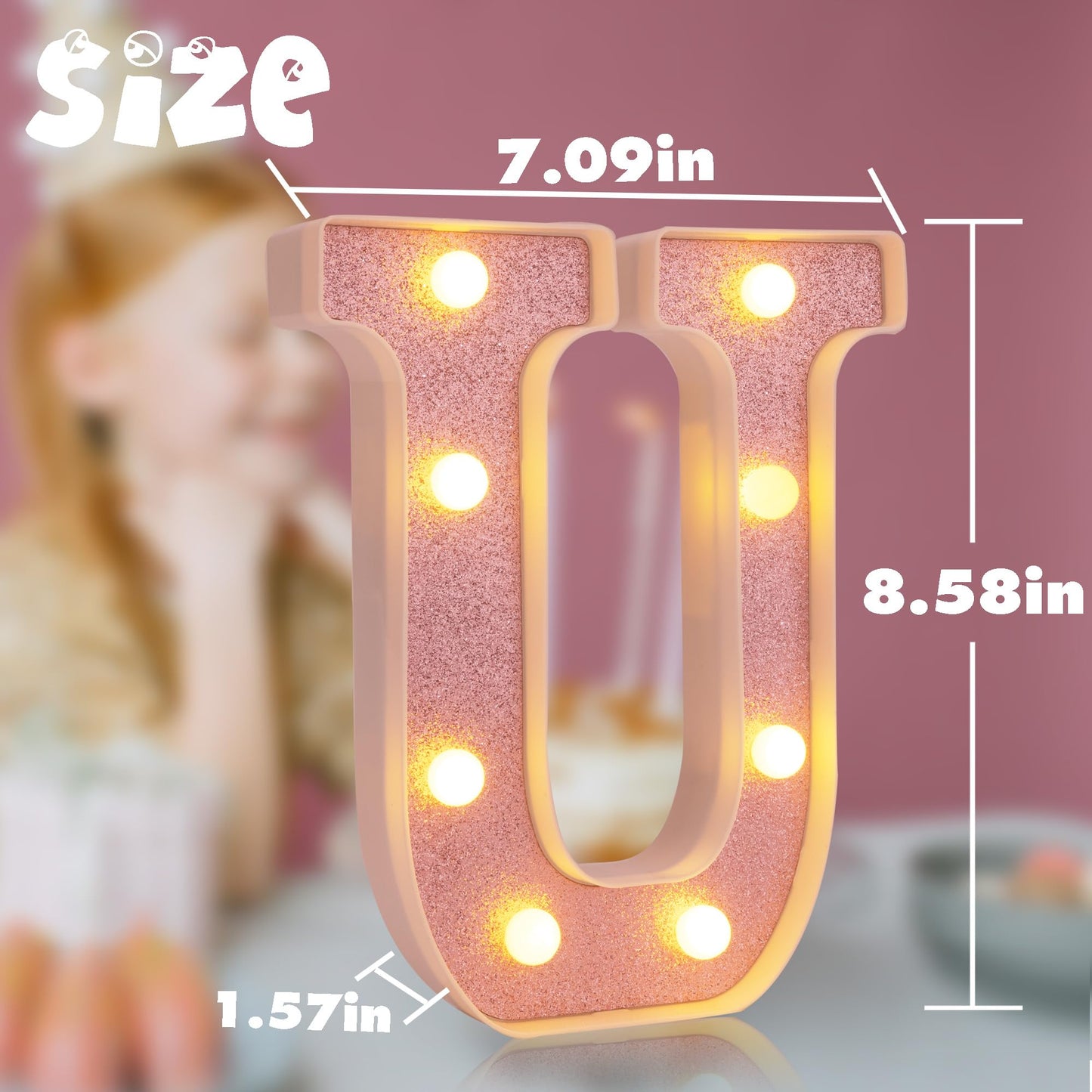 DyingSwan Small LED Marquee Letter Lights, 8.58in Pink Glitter Letter U, Battery Powered Plastic Decor for Parties and Events