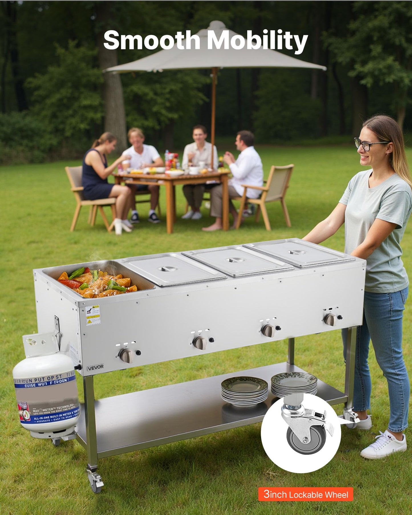 VEVOR 4-Pan Commercial Propane Steam Table, LP Gas Outdoor Soup Warmer with Drain Valve and 3" Wheels, Stainless Steel Propane Food Warmer with Independent Temp Control, for Restaurant Outdoor Camping