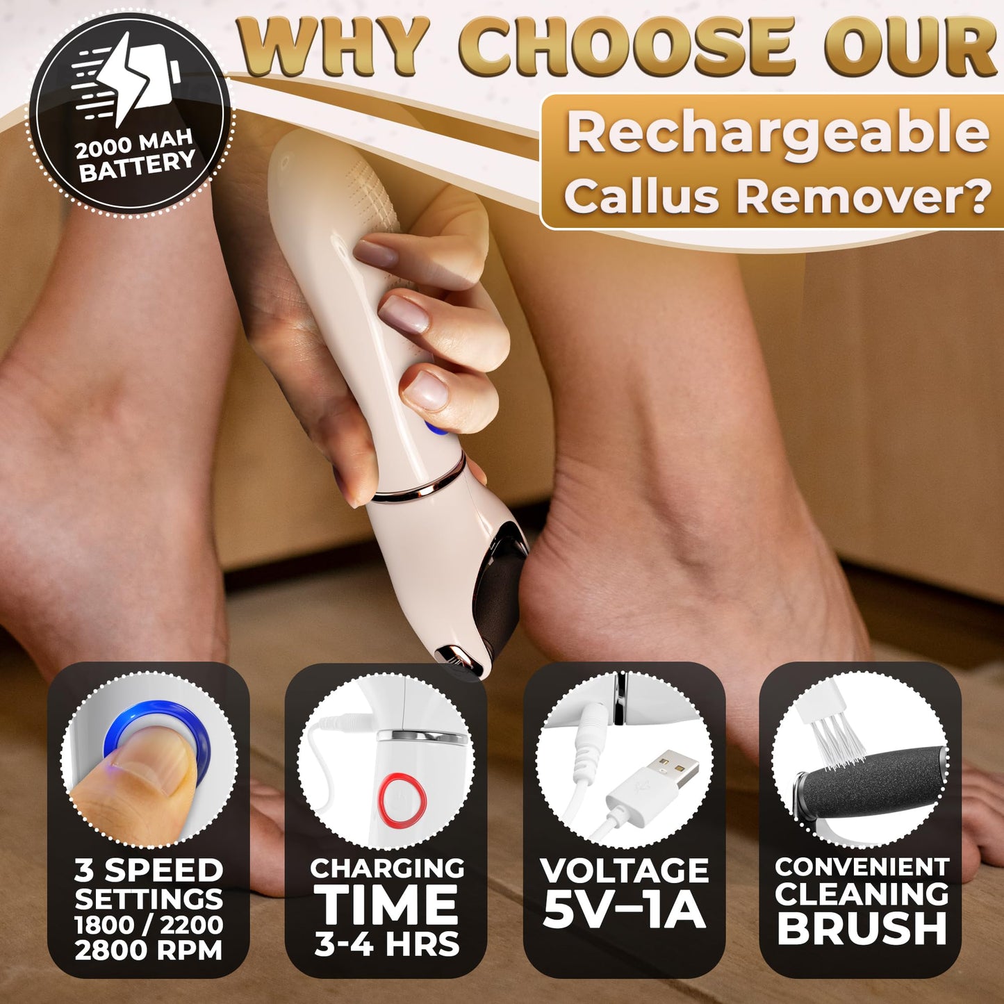 Rechargeable Electric Foot Callus Remover Tool - 3-Speed Foot Sander (1800/2200/2800 RPM), Electric Callus Remover for Feet, Ped