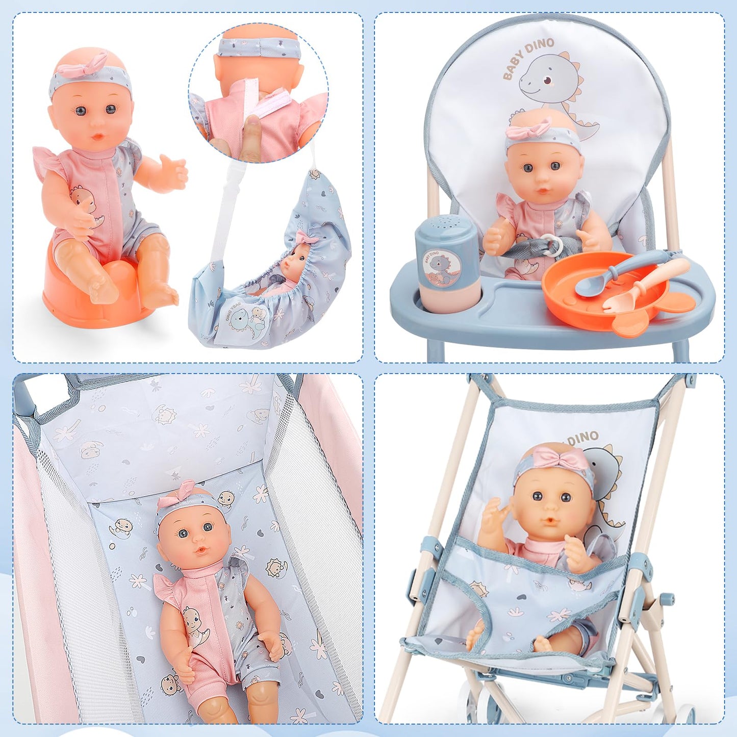 deAO Baby Doll Stroller Set 12" Baby Doll with Accessories Crib Bed High Chair, Nursery Role Play Set Toys Storage Bag,Foldable Storller, Pretend Play Birthday Gifts for Toddler Girls Boys