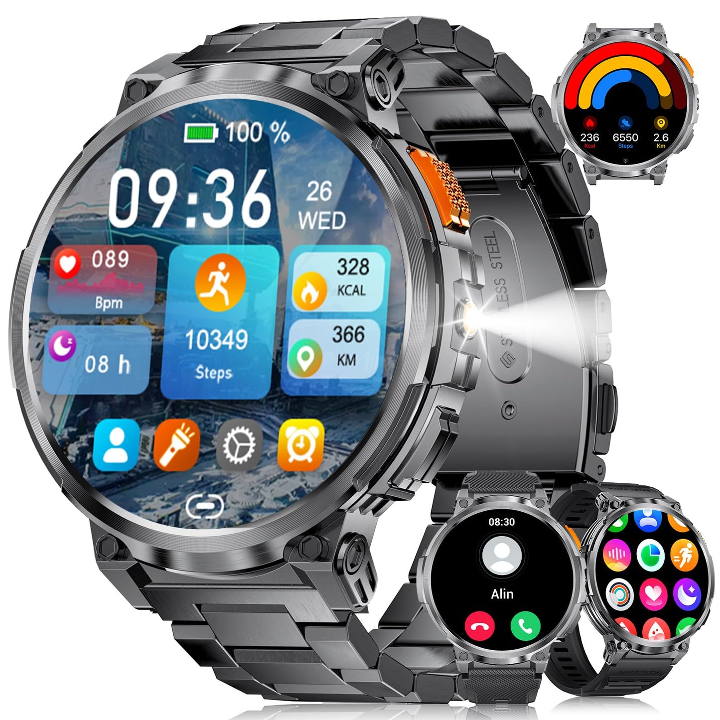 ESFOE 1.85" Large Screen Smart Watches for Men Compatible with iOS Android, LED Flashlight/730mAh Large Battery, Fitness Tracker with Heart Rate/Sleep Monitor/100+ Sports Mode, Bluetooth Call (Black)