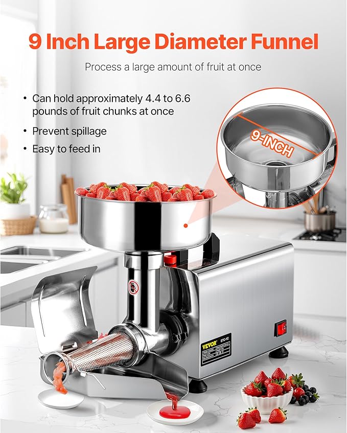 VBENLEM 110V Electric Tomato Strainer 370W Commercial Grade Tomato Milling Machine Stainless Steel Tomato Press and Strainer 90-160 Kg/H Pure Copper Motor Food Strainer and Sauce Maker