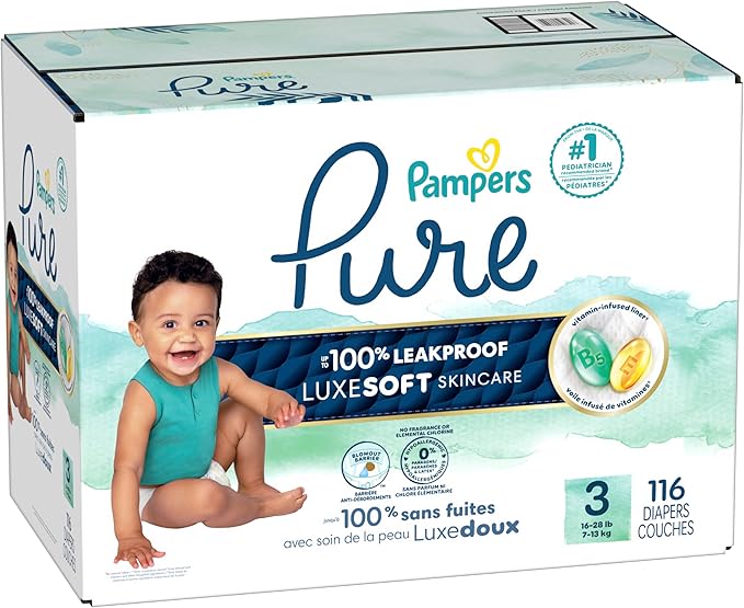 Pampers Pure Protection Baby Diapers, Size 3 (16-28 lbs), 116 Count, Up to 100% Leakproof, Premium Plant-based Skin Protection, Hypoallergenic Soft Diapers