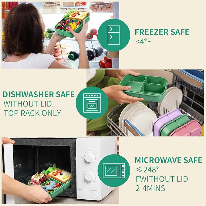 Wheat Straw Bento Box, BPA-Free Lunch Box for Kids & Adults - Leakproof 3-Compartment Lunch Containers with Utensil, Microwave/Dishwasher Safe, 5.5 Cup Green