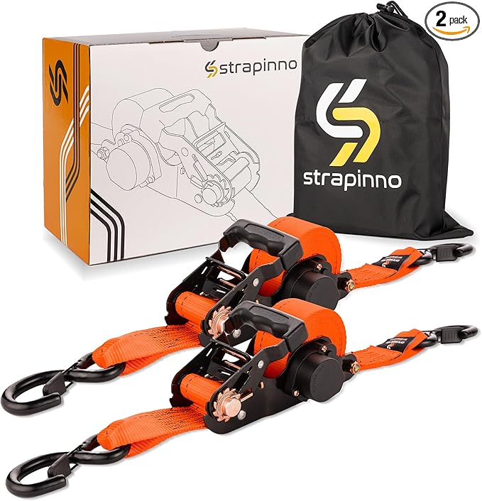 Strapinno 2PCs Retractable Ratchet Tie-Down Straps,5,000 lbs Break Strength- 2 in x 12 ft Heavy Duty Ratchet Strap with Sa...