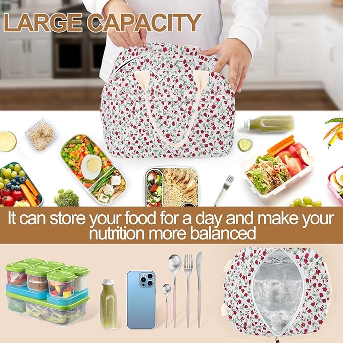 Cotton Quilted Insulated Lunch Bag, Cute Quilted Floral Lunch Tote Bags Reusable Insulated Lunch Box Coquette Aesthetic Large Capacity Insulated Cooler for Women Work Travel Picnic (Red Flower)