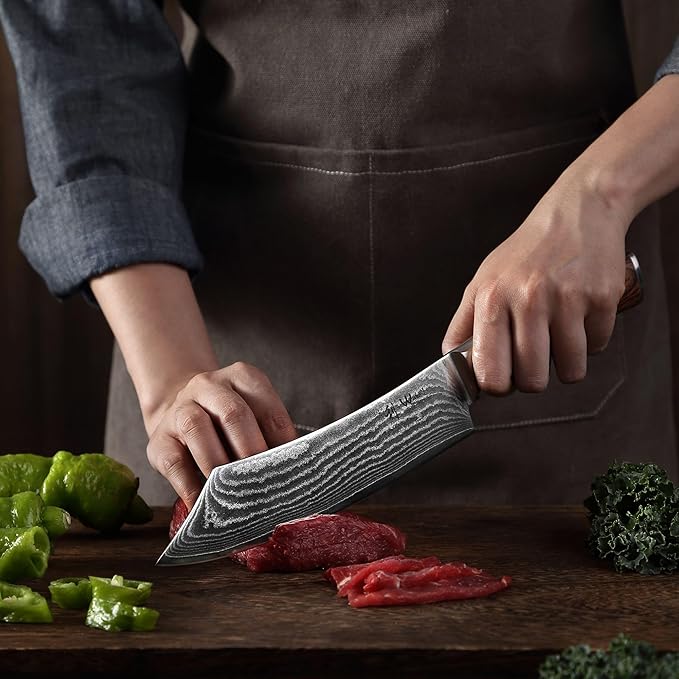 Wakoli EDIB Damascus Grill & Butcher Knife – 7.9-Inch Blade for Meat and BBQ | Japanese Style Professional Chef Knife Made from 67-Layer Damascus Steel with VG10 Core | Ergonomic Pakkawood Handle
