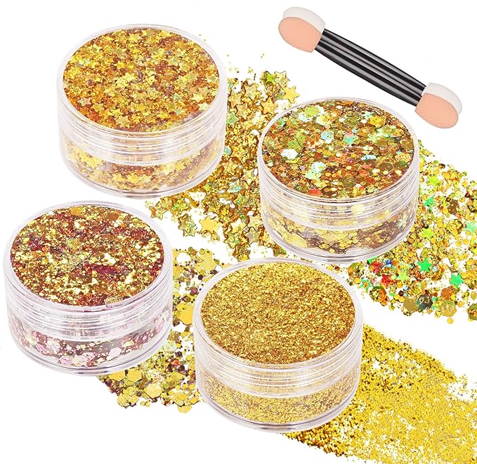 Paminify 4 Jars Gold Face Glitter,Mardi Gras Outfit for Women,Sparkle Gold Body Hair Glitter,Carnival Mardi Gras Makeup Ac...