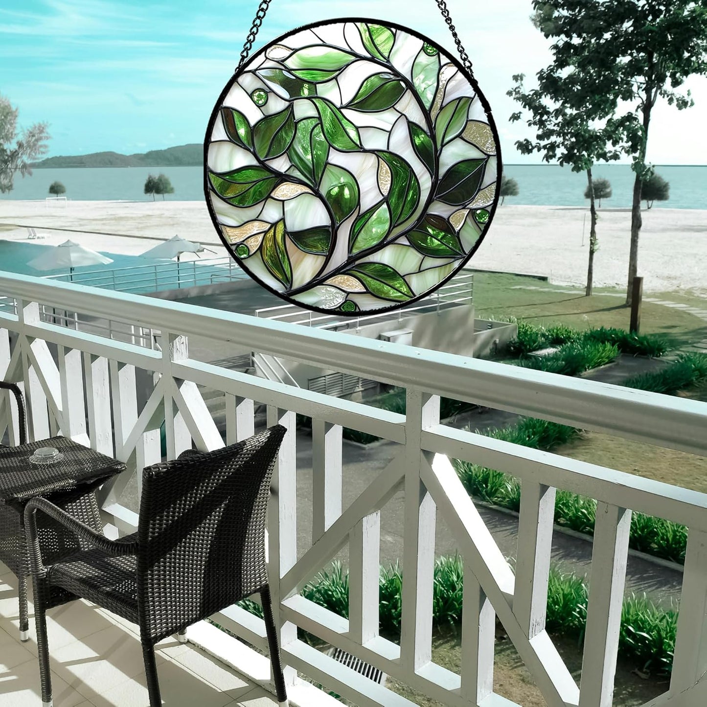 Stained Glass Window Hanging - White Green Leaves Suncatcher for Doors Window Home Plant Sun Catchers Decor Christmas Mother's Day Birthday Gifts for Teacher Women Men Mom Nana 9.8 in