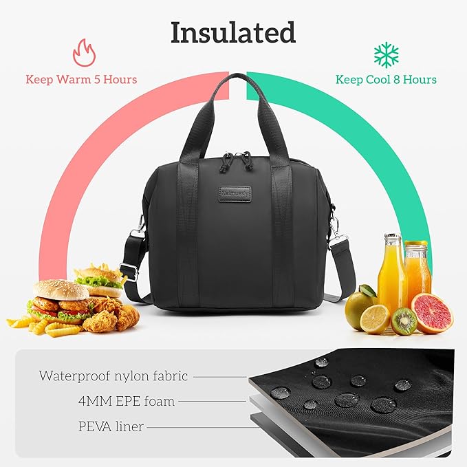Lunch Bag Women Insulated Cute Lunch bags,Reusable Large Capacity Lunch Box, Leakproof Cooler Bag with Adjustable Shoulder Strap for Men Adult Work Office Picnic Travel Black