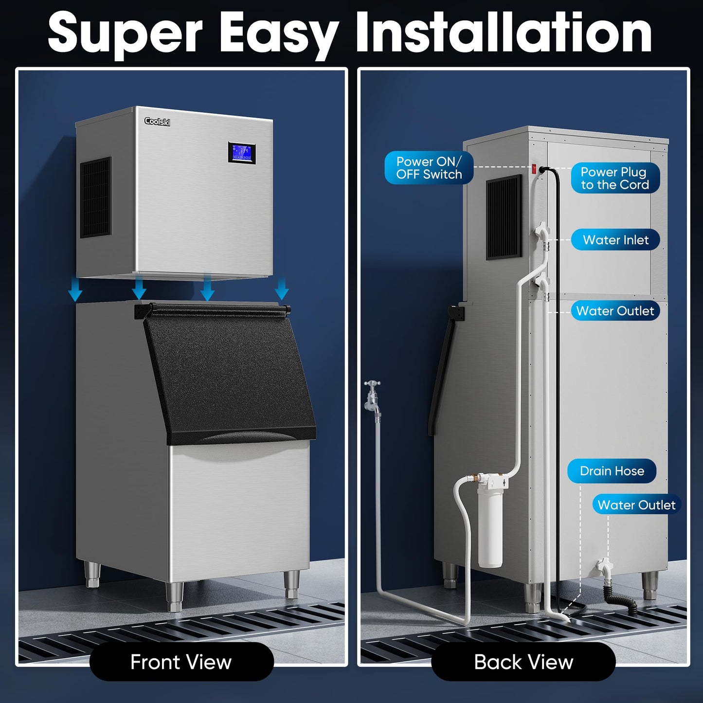 Coolski Commercial Ice Machine 420LBS/24H, 22”W Industrial Ice Maker with Large Storage Bin, Fast Ice Making, Upgraded Water Filters, DOE & ETL Certified, Ideal for Restaurants/Bars/Hotels