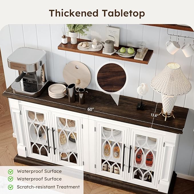 60 inch Farmhouse Buffet Sideboard Cabinet with 4 Glass Doors, Coffee Wine Bar Storage Cabinet, Buffet Table with Adjustable Shelves for Dining Room, Kitchen, Living Room
