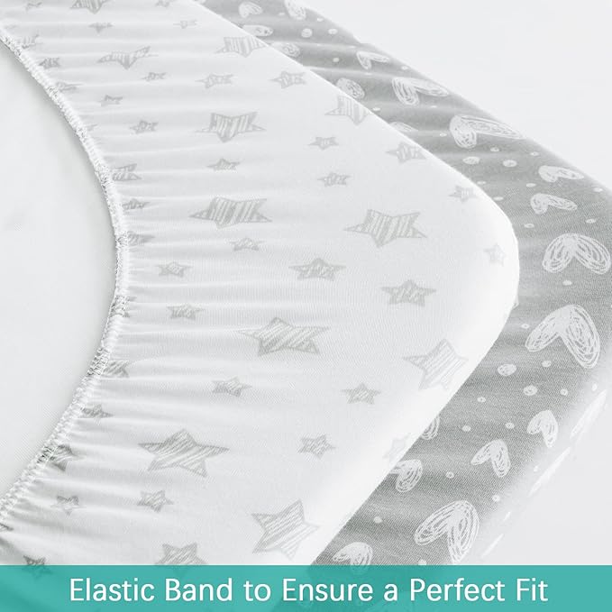 Waterproof Bassinet Sheets Fit for Halo, Dream on Me, Ingenuity, Fisher Price, Delta, Graco and Other Oval Bassinet Mattress, 2 Pack, 100% Cotton, Ultra Soft, White Grey Star Print for Baby