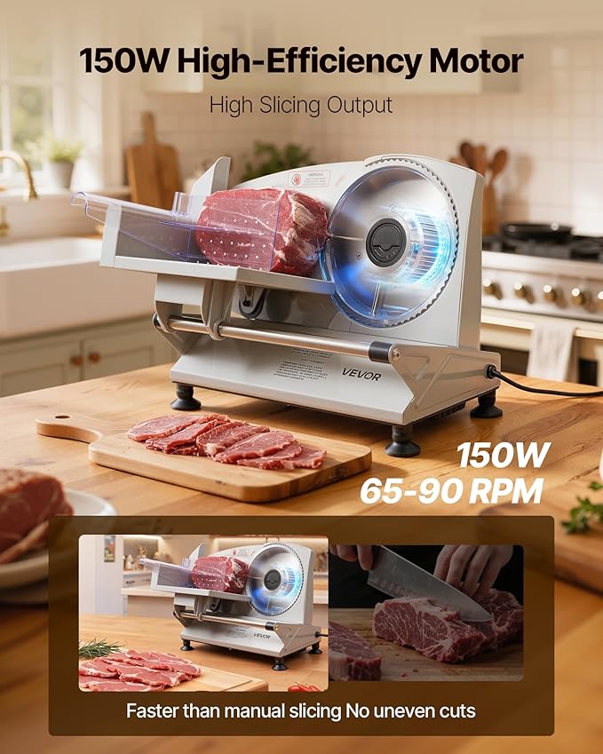 VEVOR Meat Slicer, 6.7 inch 150W Electric Deli Slicer Machine with 2 SUS420 Blades, 0-0.6 inch Adjustable Thickness, ETL Certified Home Food-Slicer for Meat, Ham, Baguett, Steak