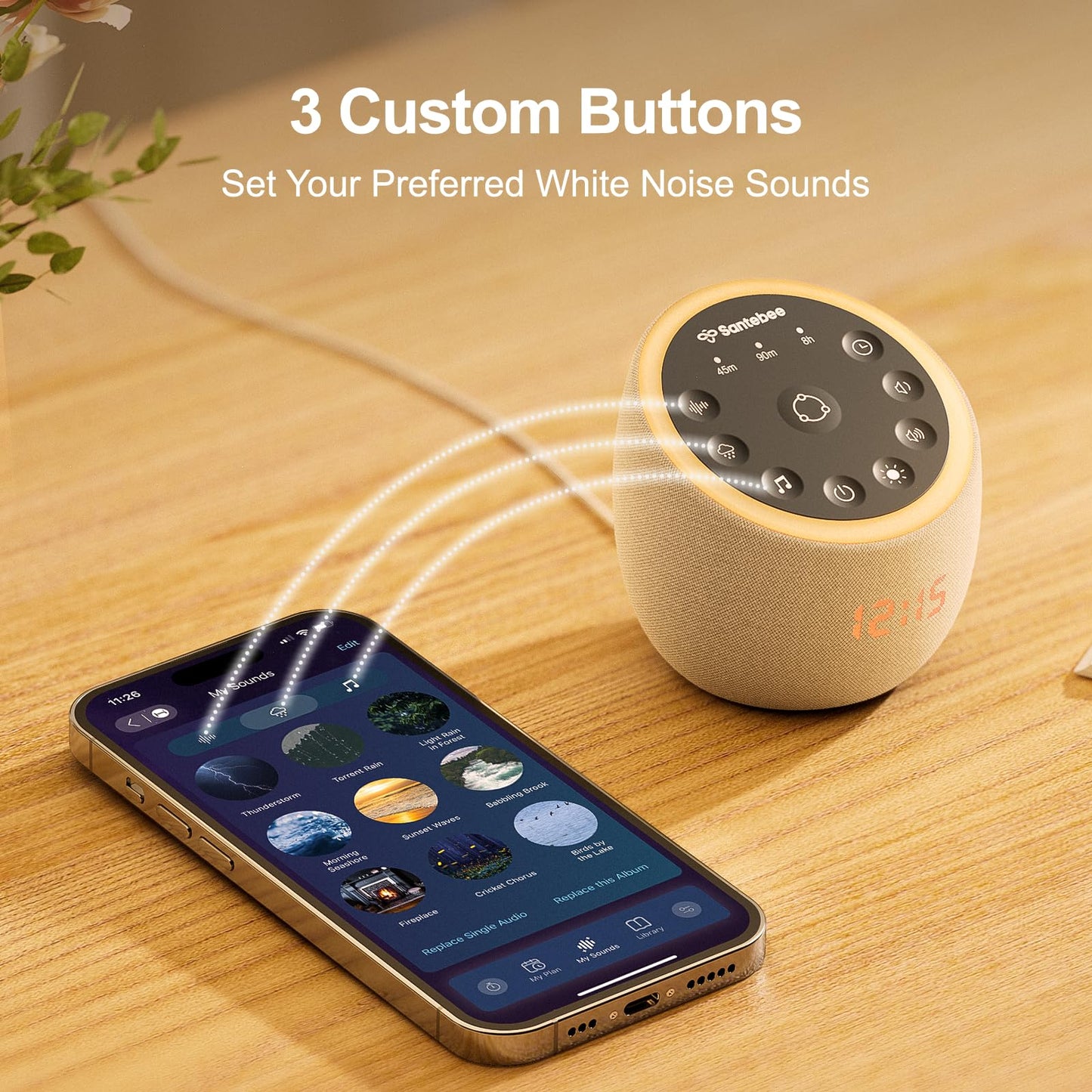 White Noise Sound Machine for Sleeping, 388 Soothing Sounds, Smart APP Control, Custom Buttons, Non Looping Natural Sounds, Bedside Dimmable Clock, Night Light, Santebee for Adults Baby Kids Lullaby