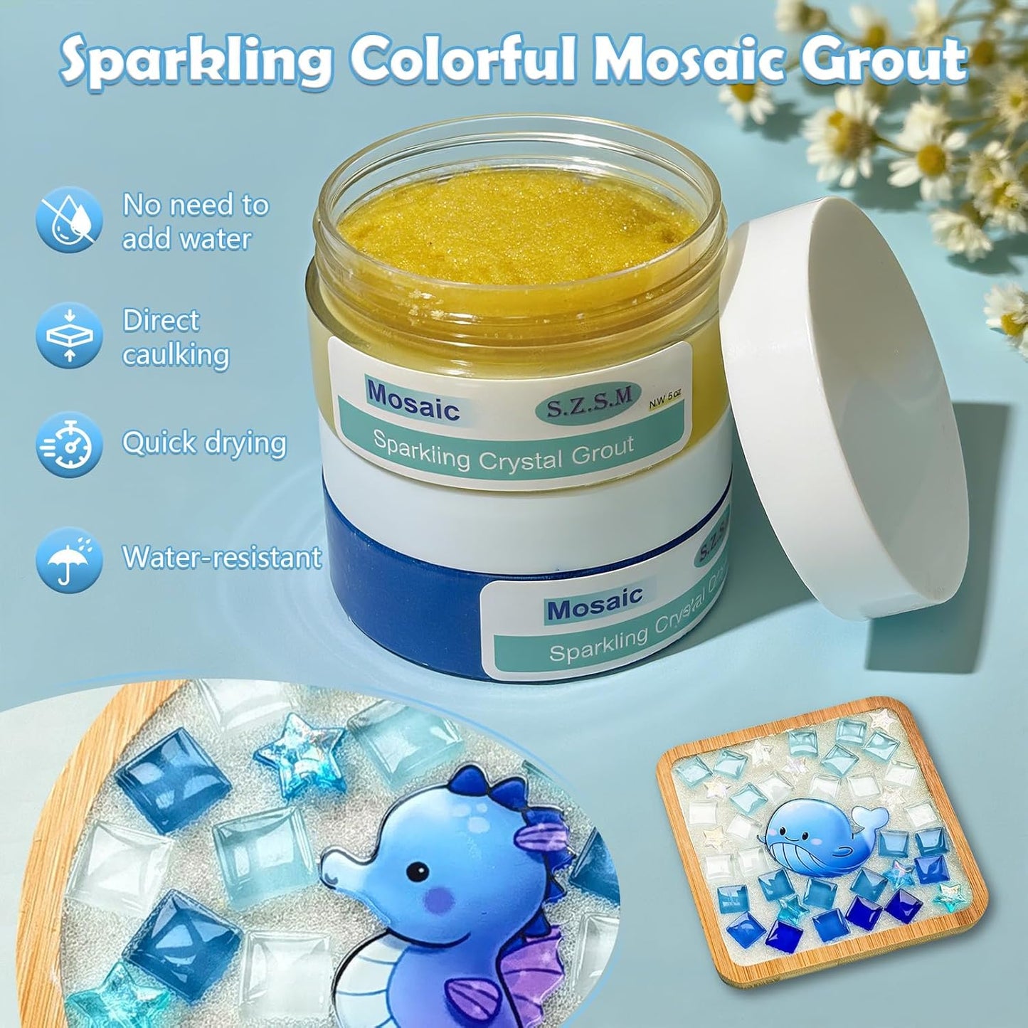 Mosaic Grout for Crafts, Sparkling Colorful Crystal Sealant is Specially Designed for Use in Mosaic Kits for Adult to Decorate Tessellated Coasters, Table Tops, Walls and Vases, Yellow, 5 oz