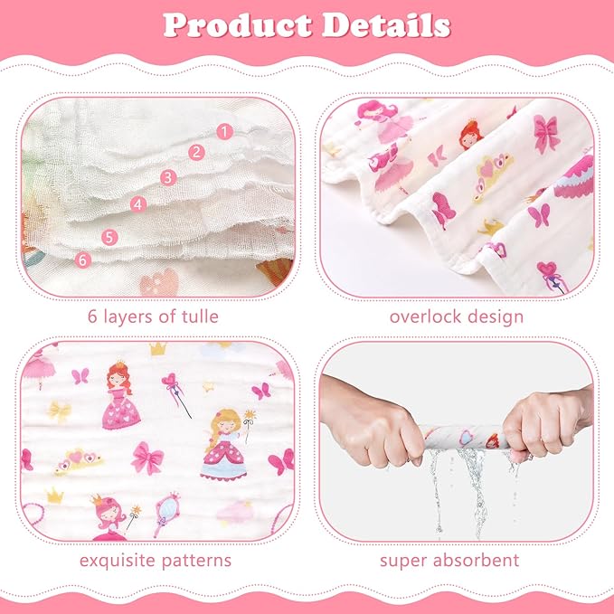 Baby Burp Cloths Muslin Washcloths 6 Pack Muslin Burp Cloths 100% Cotton Large 20''x12'' Soft 6 Layers Baby Burp Rags for Boys Girls Baby Essentials for Newborn Gift Machine Washable