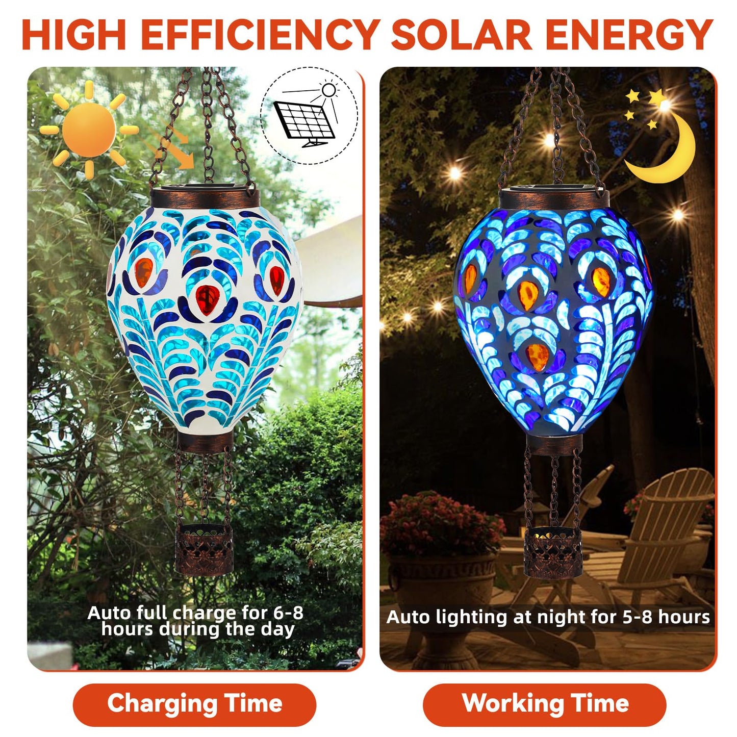 Voreen Hot Air Balloon Solar Lantern  Handmade Mosaic Solar Outdoor Hanging Wind Light  Waterproof  Patio Festive Decor  Gift For Mom Wife Friend  Peacock Feather Design