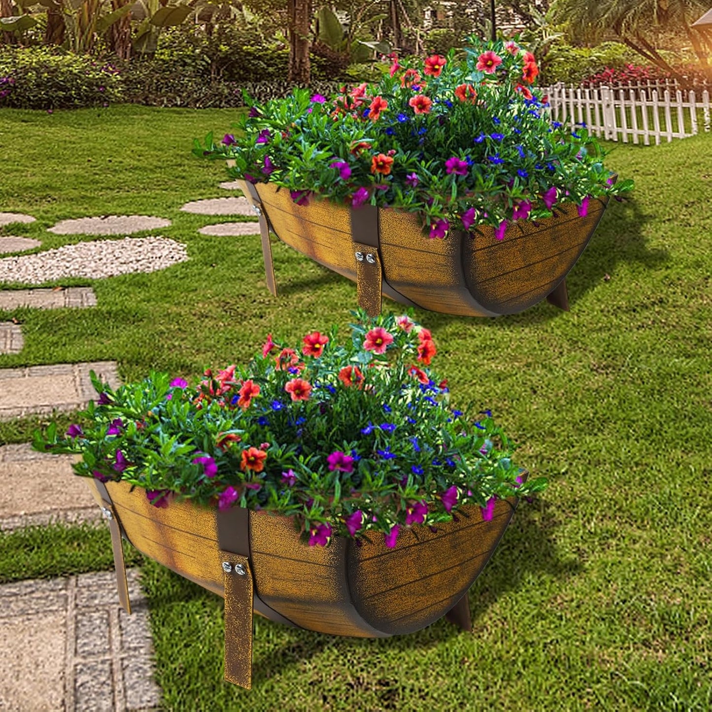 15.43In 2 Pack Rustic Barrel Planters, Decorative Outdoor Garden Backyard Planter with Legs, Metal Flower Pot Half Barrel Planter Box, Brown