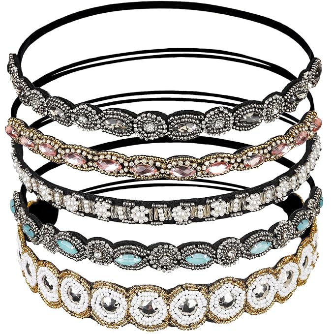 Teenitor 5pcs Hairbands for Women, 5 Rhinestone Beaded Headbands, Head Bands for Women's Hair Fashionable Handmade Crystal...