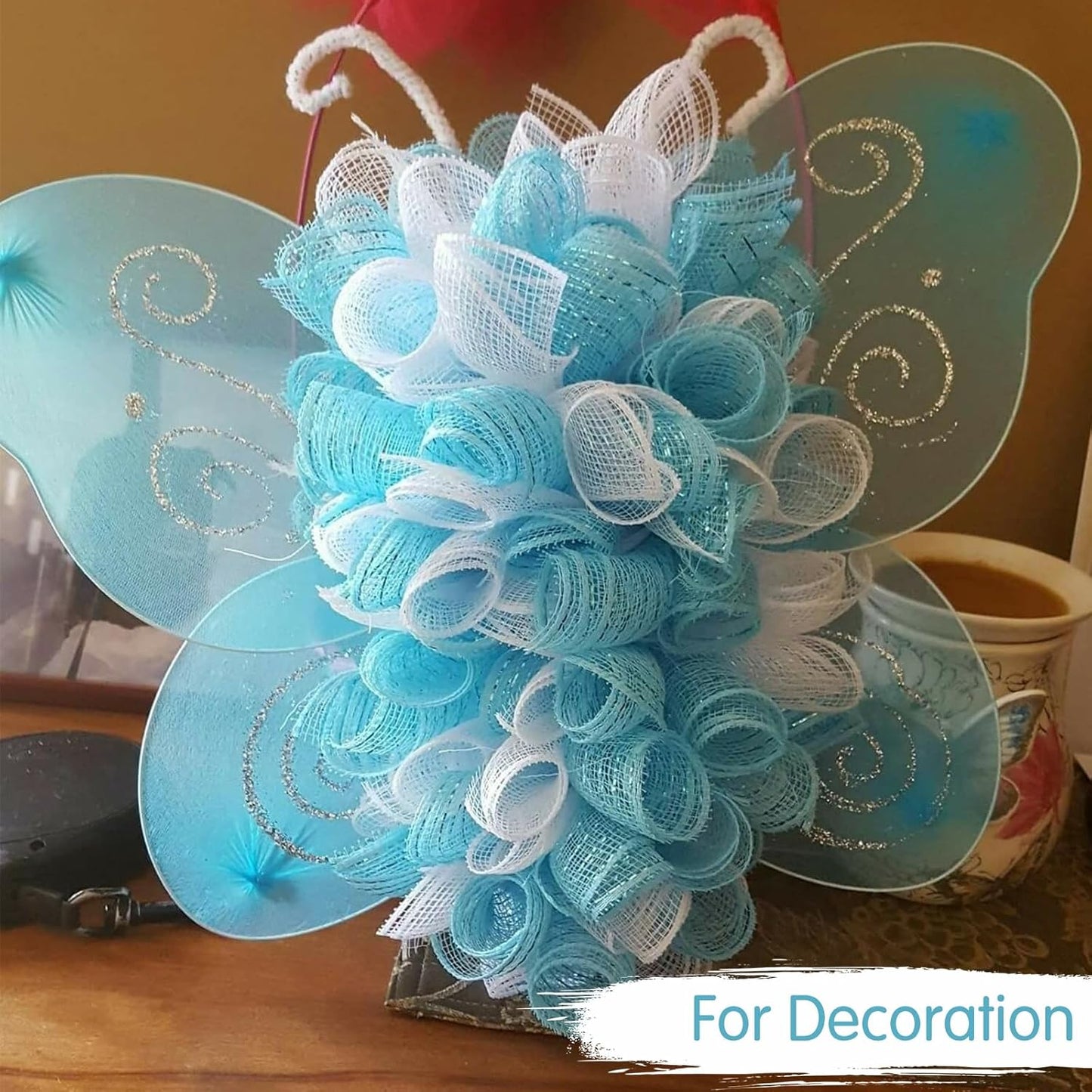 TONIFUL 2 Rolls 10 Inch Sky Blue Decorative Mesh Ribbbon Rolls, Fabric Mesh with Foil for Wreath Supplies, Front Door Wreath Crafts Tree Decor Christmas NewYears Halloween Decoration (10 yds/roll)