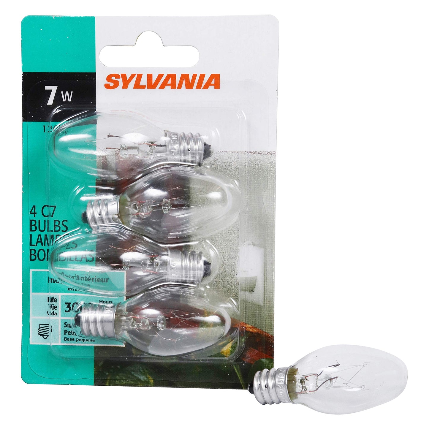 Ledvance Sylvania 7W C7 Night Light Bulb, E12 Base, 40 Lumens, Warm White, Clear Finish, 4 Count, Model 13545