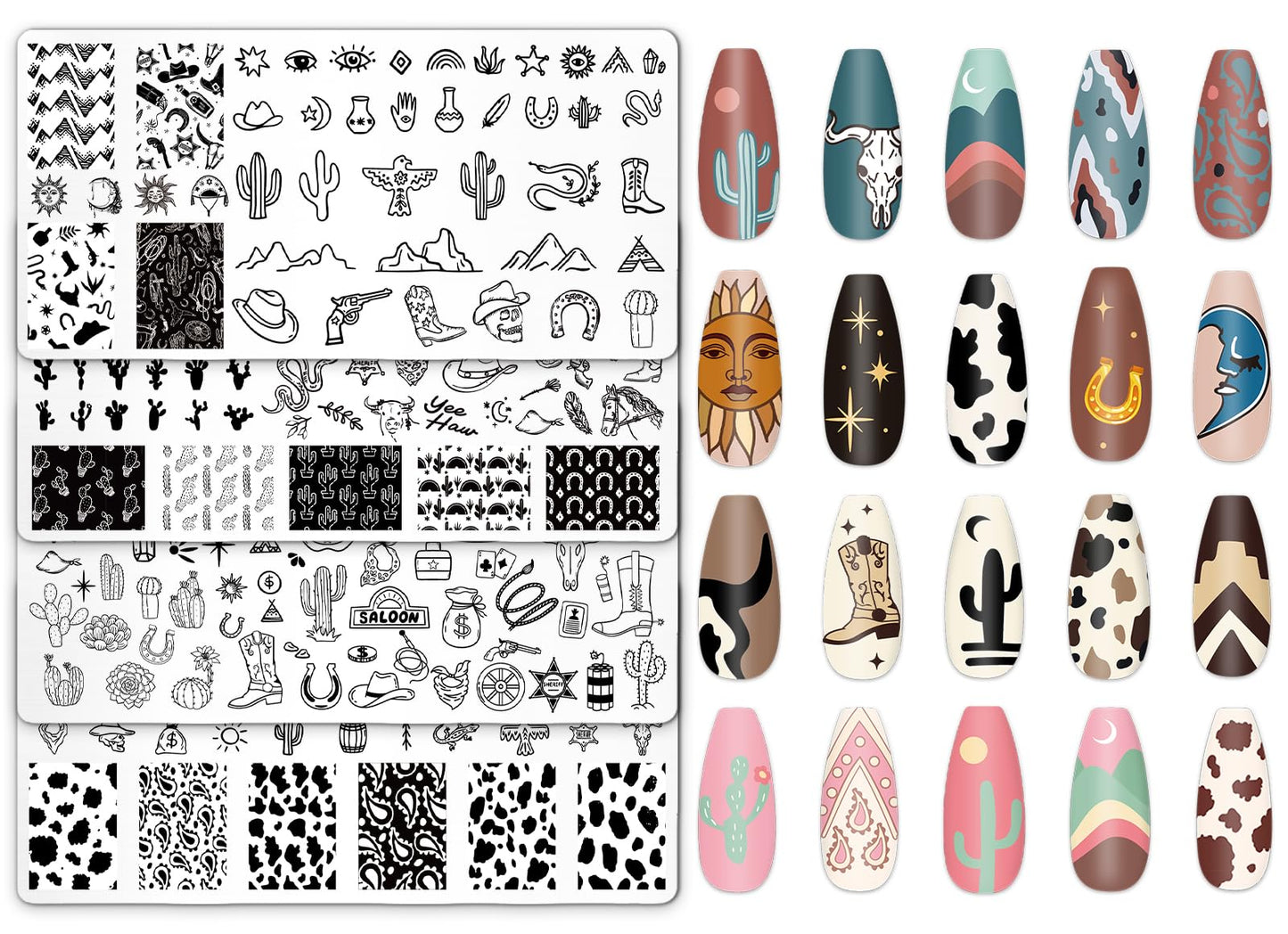 JarThenaAMCS 4Pcs Western Nail Plates Stamping Set Cowboy Cowgirl Stamp Templates Nail Art Plates for DIY Print Manicure Salon D