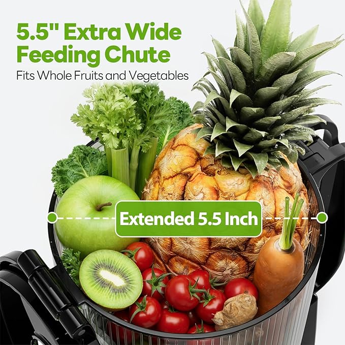 Cold Press Juicer - 5.5" Mega Mouth Feed Chute with Self Feeding Hands-Free Design - Juicer Machines for Vegetables and Fruits - Juice Extractor Machine High Juice Yield - Easy to Clean