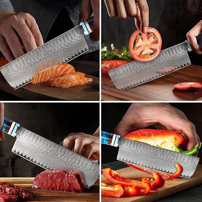 Kuwata Nakiri Chef Knife, Japanese VG10 Damascus Steel Professional Kitchen Chefs Cooking Knife, Nakiri Knife G10 Ergonomic Blue Handle with Gift Box