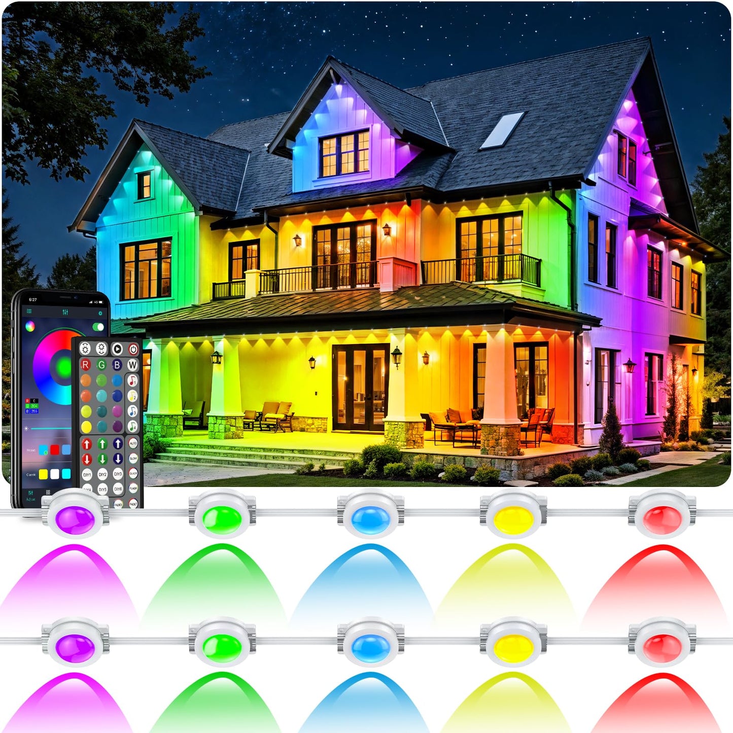 Rcuica 500Ft Permanent Outdoor Lights Waterproof With Smart App Control Remote Diy Scene Modes Music Sync Hronization Eaves Lights For Garden Decor Deck Christmas