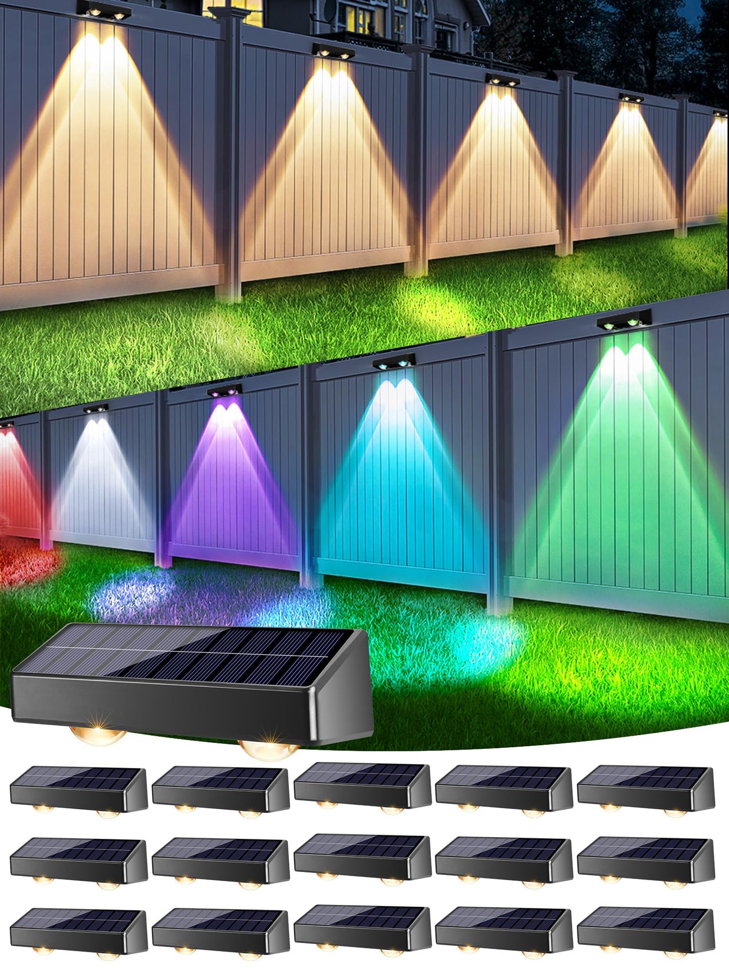 Brizled 16 Pack Solar Fence Lights, 11 Modes, 9 Colors, IP65 Waterproof, 100 Lumens, RGBCW - Black