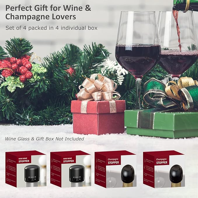 Champagne Stopper & Wine stoppers, 4 Pack Reusable Wine Corks Plastic & Silicone,Twist Top Wine Sealer, Compact Wine Stopper Leak Proof and Keeps Wine Fresh For Easy Storage, Black