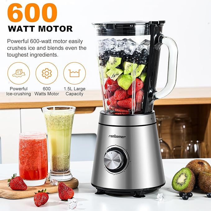 Blender,Blenders for Kitchen,Glass Blender for Shakes and Smoothies,crush ice,50 oz Glass Jar,Simple Speed Dial,6 Stainless Steel Blades, Ice Crusher with Speed Control, Silver. 50 Oz