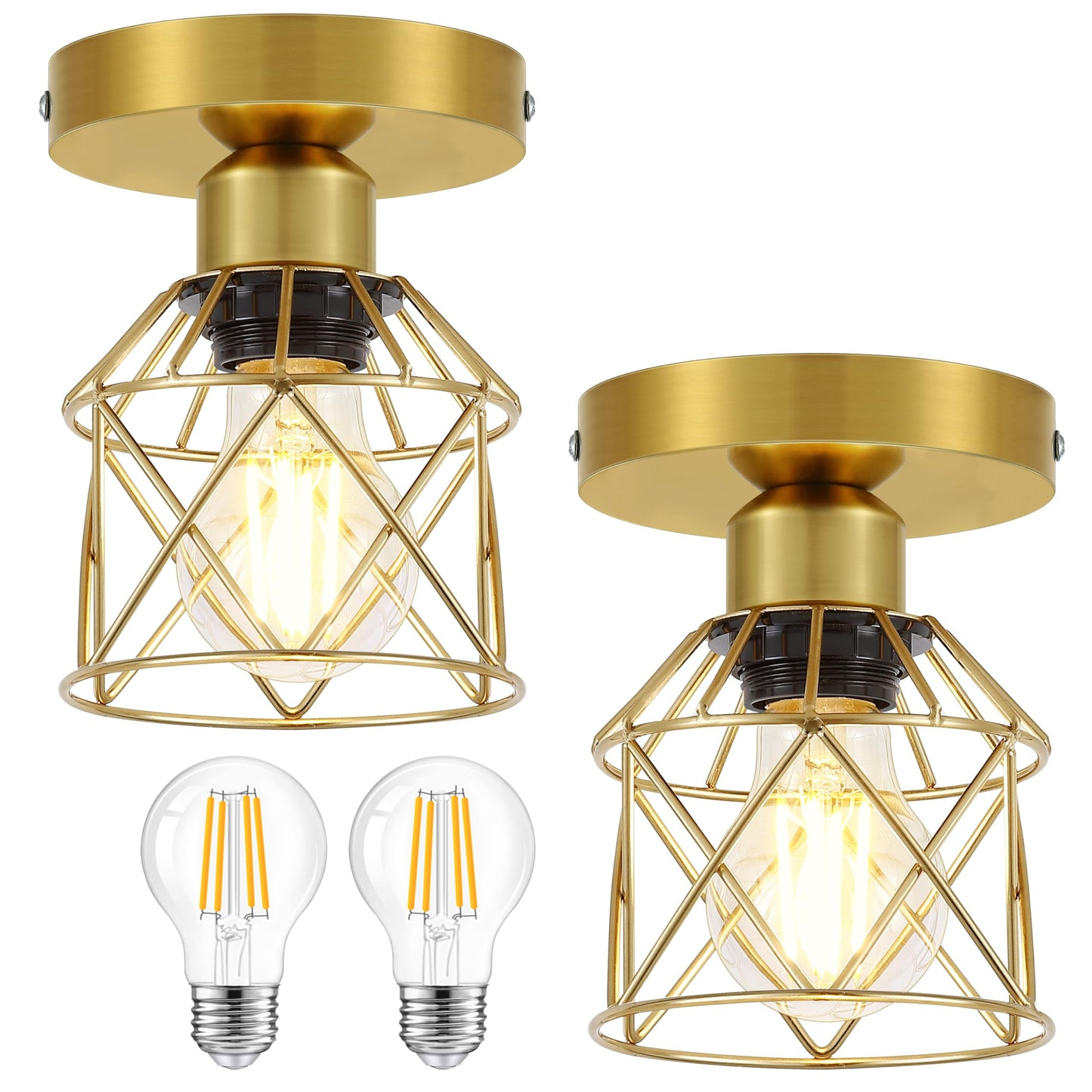 Fadimikoo 2-Pack Gold Hallway Light Fixtures Ceiling  Small Semi Flush Mount Ceiling Light With Gold Metal Cage  Indoor Close To Lighting Lamp For Bedroom Closet Entryway (Led Bulbs Included)