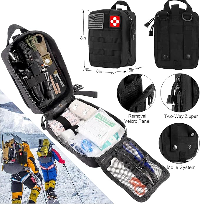 Emergency Survival Kit First Aid Kit, 121Pcs Tactical Gear Camping Gear Emergency Supplies with MOLLE Pouch, Stocking Stuffers for Men Camping Hiking Hunting Outdoor Adventure
