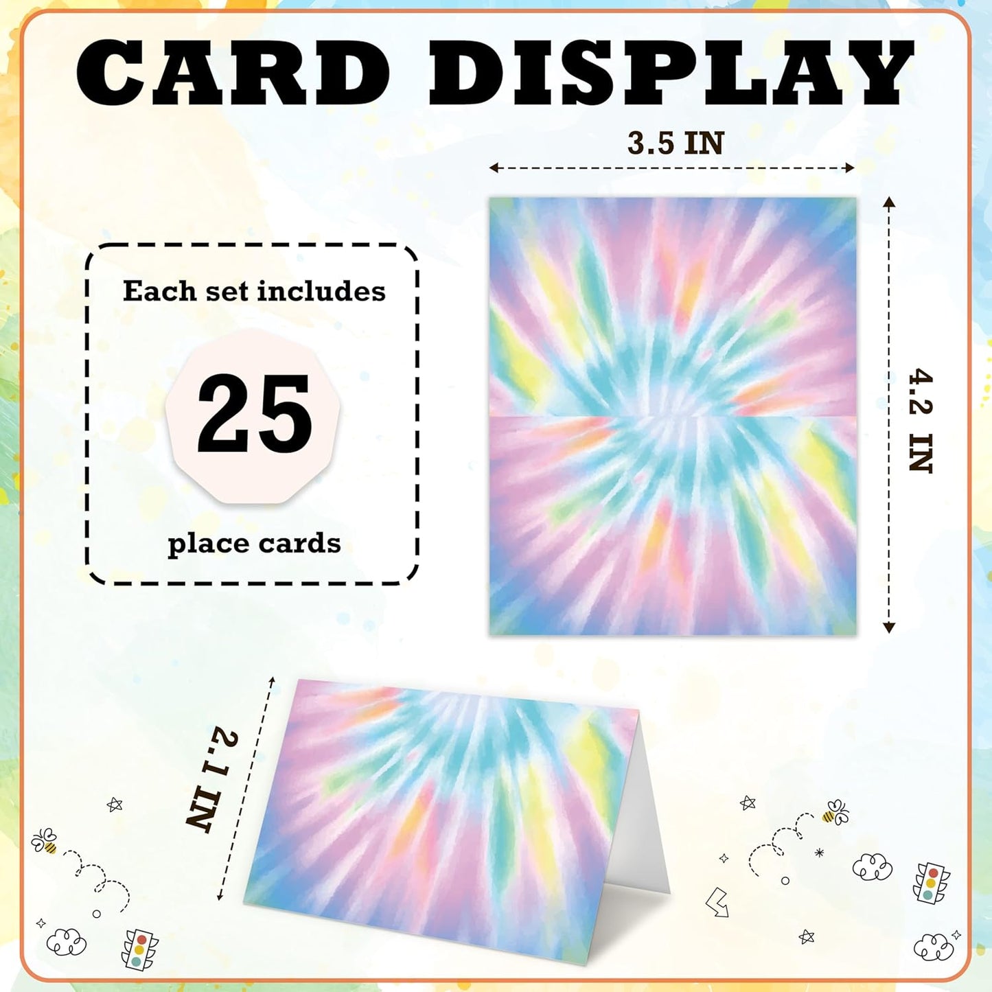 Tie Dye Place Cards For Girls, Rainbow Tie Dye Name Cards For Table Setting, Spring Summer Party Favors Supplies, Tent Cards Decorations For Baby Shower Bridal Shower Birthday Events, 25 Pack -20