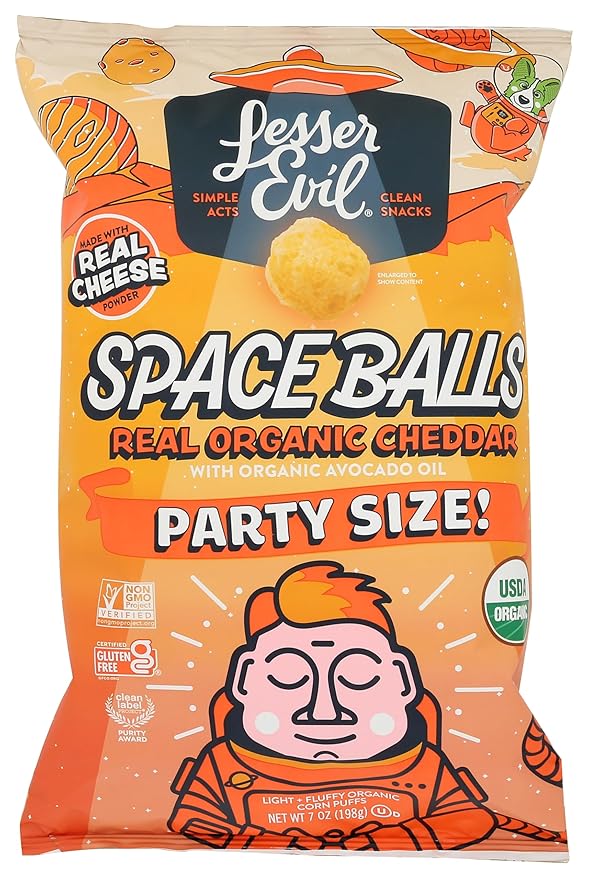 Lesserevil Organic Real Cheddar Space Ball Puffs Party Size, 7 Oz