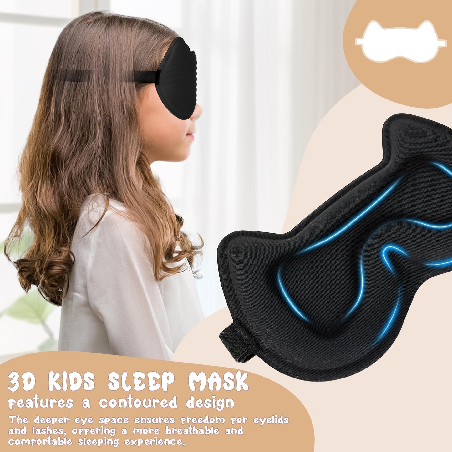 Kids Sleep Mask Eye Mask: 3D Contoured Cup Sleeping Masks, Blindfold with Adjustable Strap, Kids Eye Cover for Boys, Girls, Teens, Pressure-Free with Memory Foam Face Mask for Sleeping (Black)