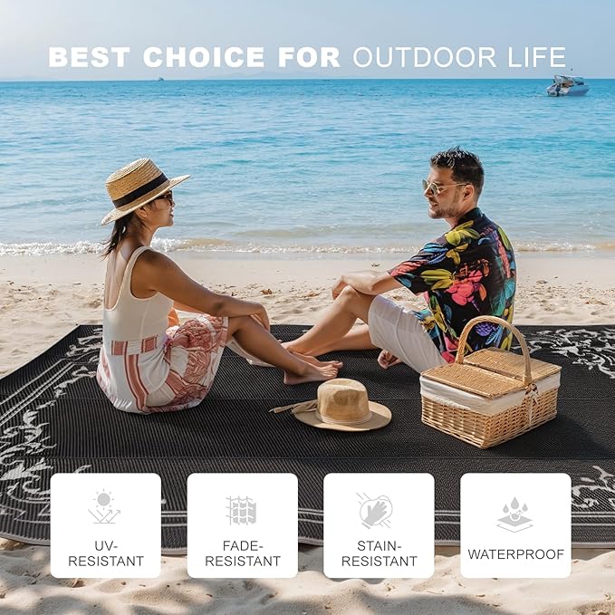 wikiwiki Outdoor Rug, 6x9ft Waterproof Reversible Mat Indoor Outdoor Rugs Carpet, Small Area Rug Plastic Straw Rug for Patio Deck Balcony Pool RV Camping Beach Picnic, Classic Black, Rugscape Series