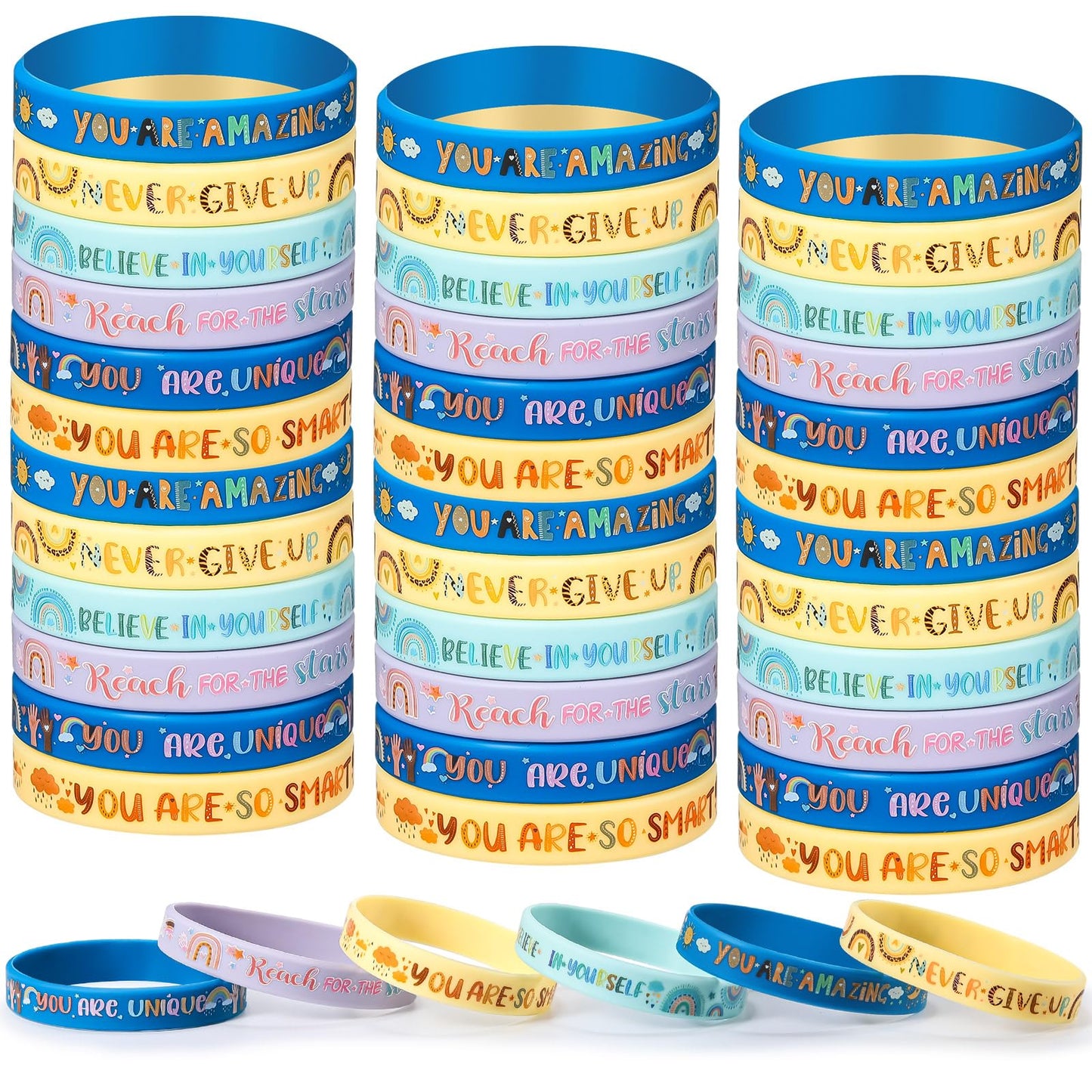 Poen 120 Pcs Motivational Silicone Bracelets Rainbow Inspirational Silicone Boho Wristbands Back to School Gifts for Kids Studen
