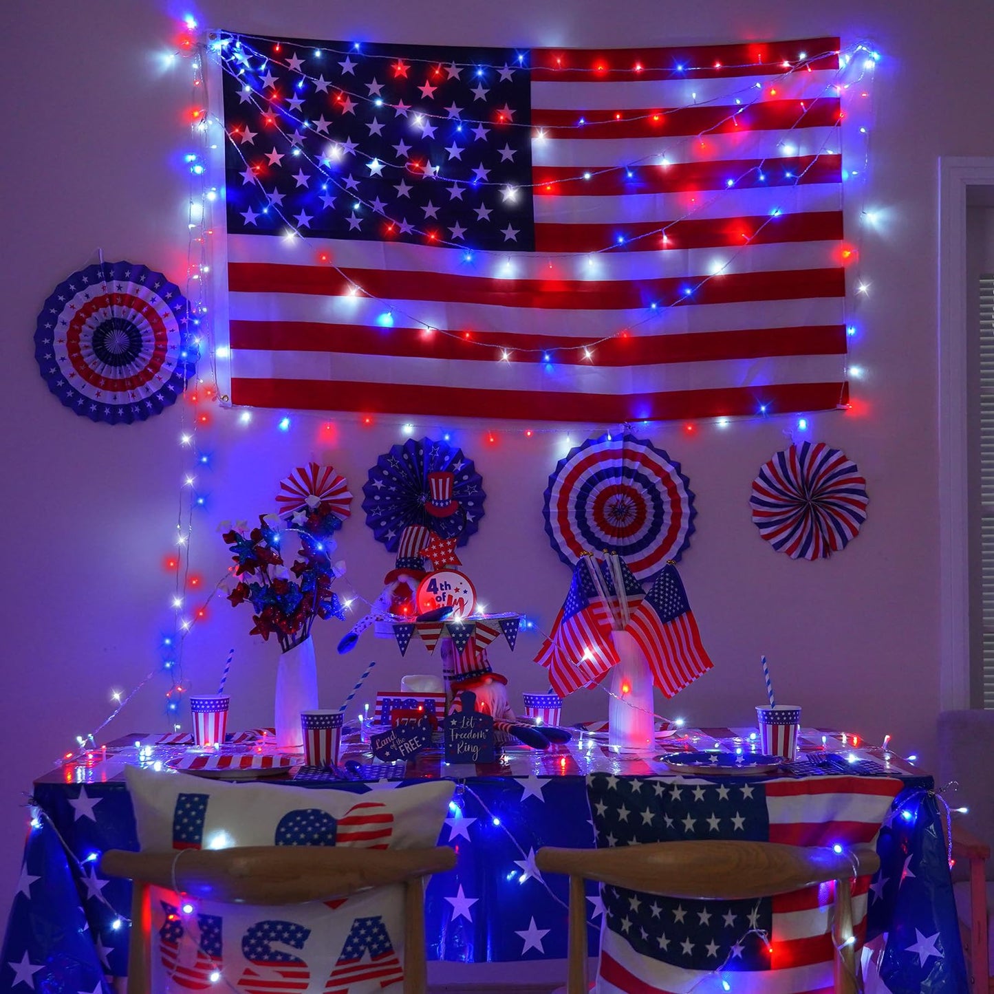 Yeguo 165Ft 500 Led Red White And Blue Lights  4Th Of July Decorations String Lights Plug In Indoor Outdoor  8 Modes Clear Wire Patriotic Light For Independence Day Holiday Memorial Day Party Decor