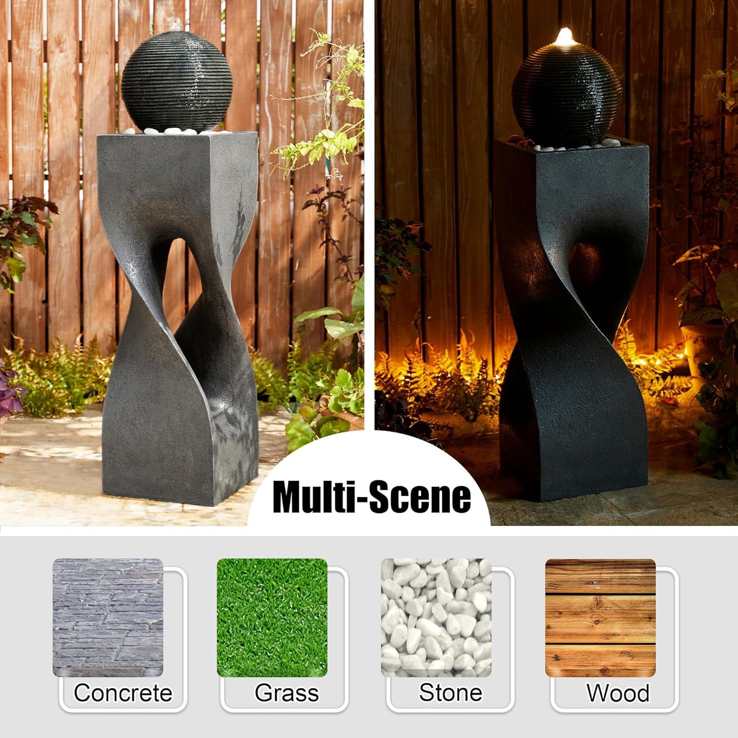 Glitzhome Modern Geometric Outdoor Water Fountain with LED Light, Oversized Pedestal Water Fountains with Submersible Pump, Sphere Floor Standing Fountain with Pebbles for Garden Patio Decor, 40.5”H