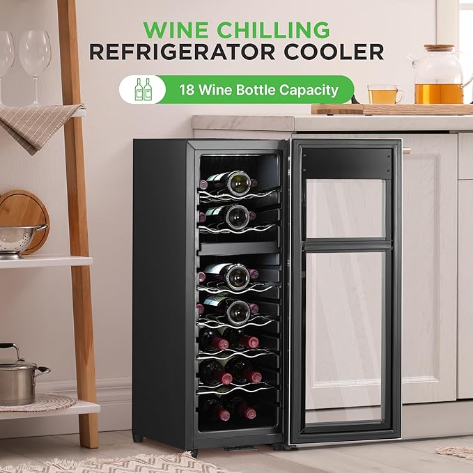 Nutrichef 18 Bottle Wine Fridge | Dual Zone Wine Chiller | Adjustable Temperature 41°F to 64°F | Ultra Quiet Operation | Wine Cooler For Home & Office | Free Standing 32x11x23 IN (Black)