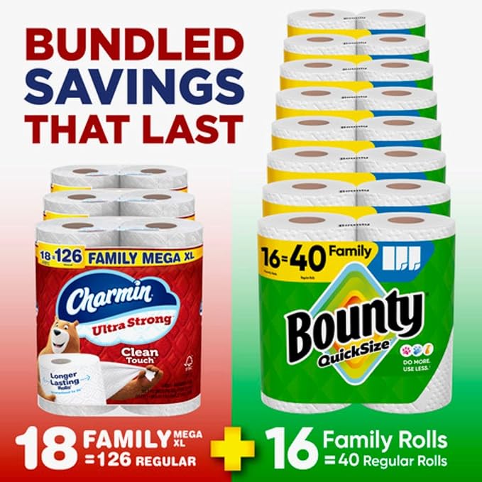Bounty Quick-Size Paper Towels, White, 16 Family Rolls, Charmin Ultra Strong Clean Touch Toilet Paper, 18 Family Mega XL Rolls