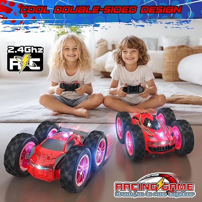 Remote Control Car for Kids, RC Stunt Cars Toys for Boys Ages 4-7 with Cool Double-Sided Pattern and LED Flash, 1:24 Vehicle Toy Car Hobby Racing Car Toys Gift for 3 4 5 6 7 8 9 Year Old Boys