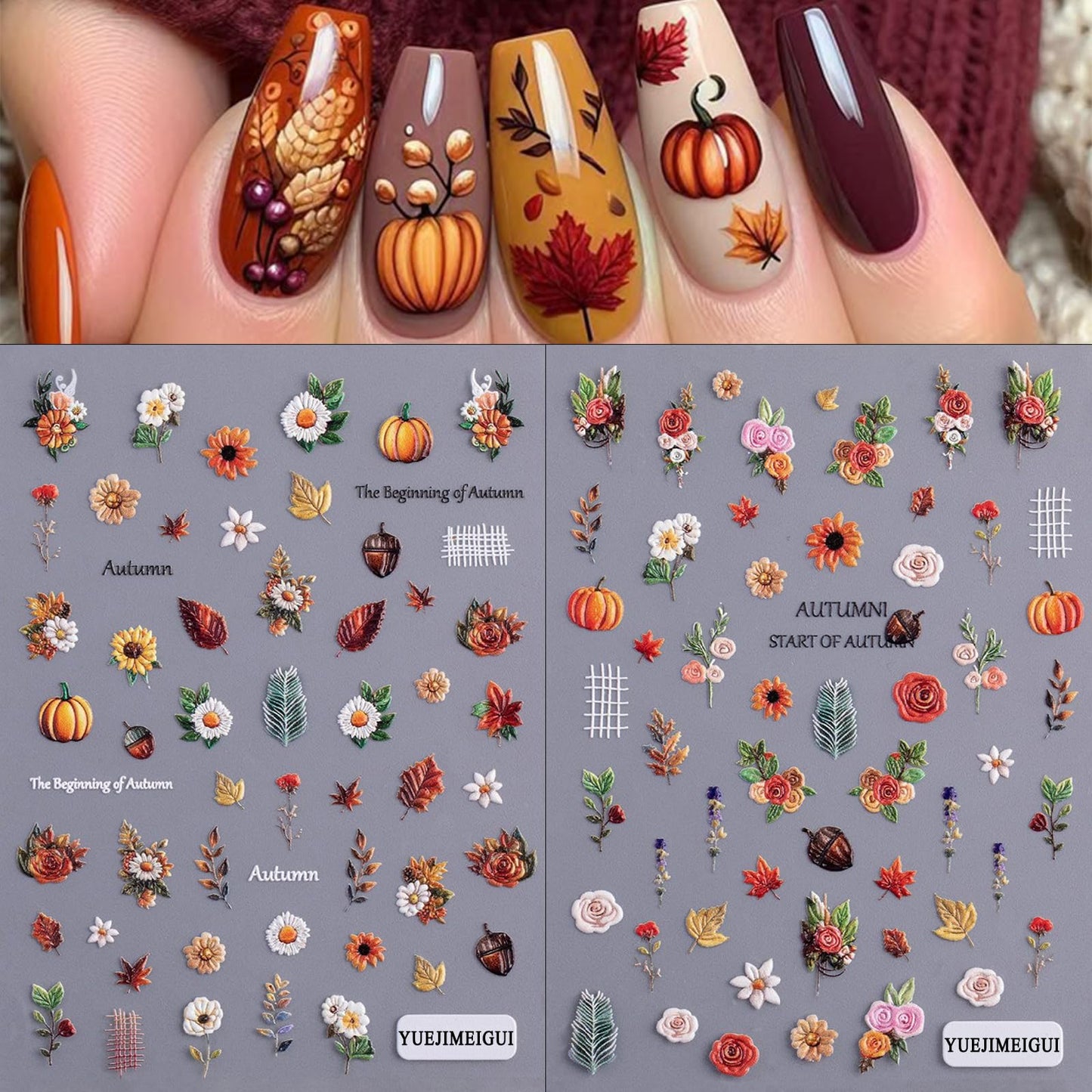 2 Sheets Maple Leaf Nail Art Sticker 5D Embossed Thanksgiving Pumpkin Nail Stickers Pinecone Rose Ginkgo Leaf Design Nail Decals