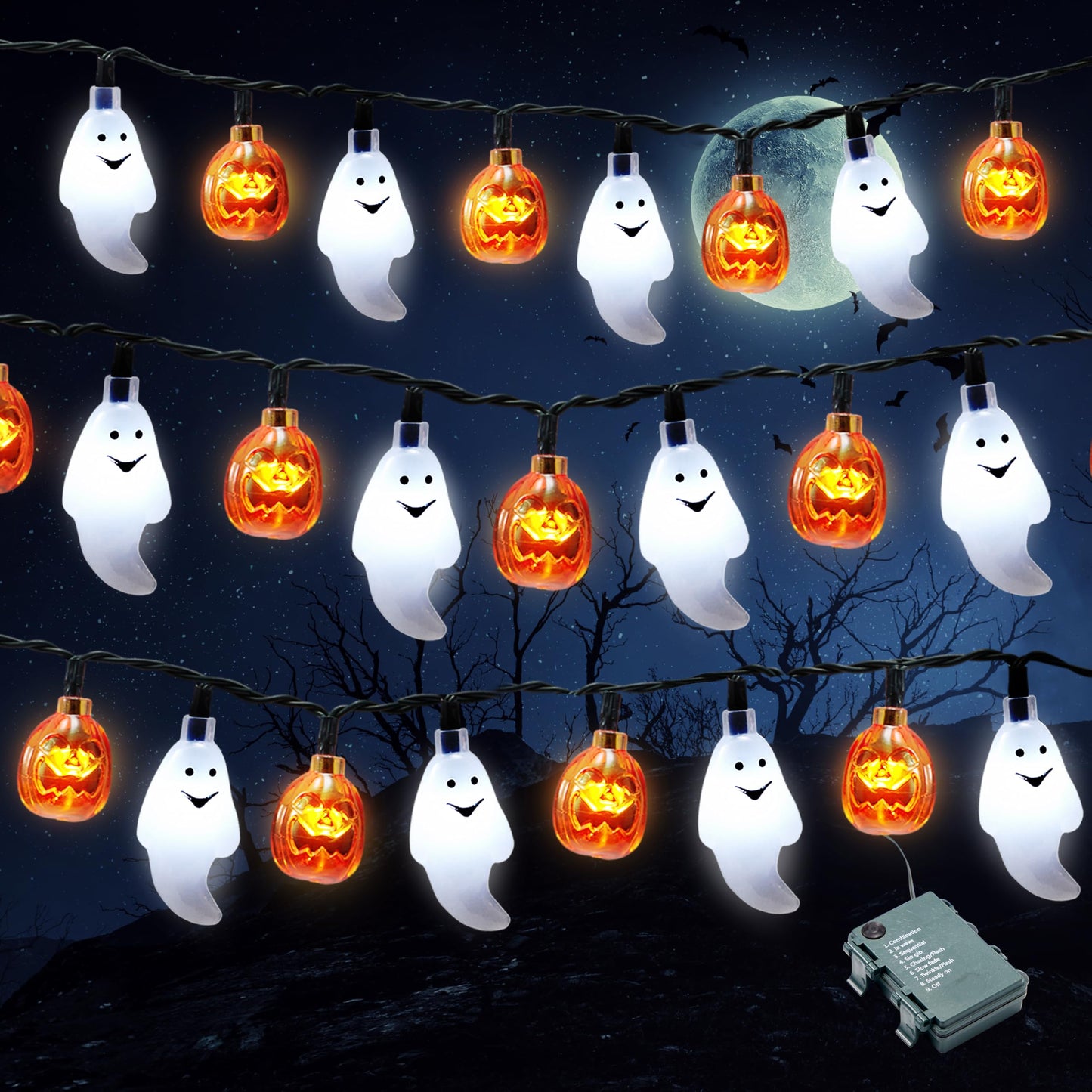 JOYIN Halloween String Lights, 30 LED Ghost Pumpkin, 19.7FT, 8 Lighting Modes, Battery Operated, Orange/White