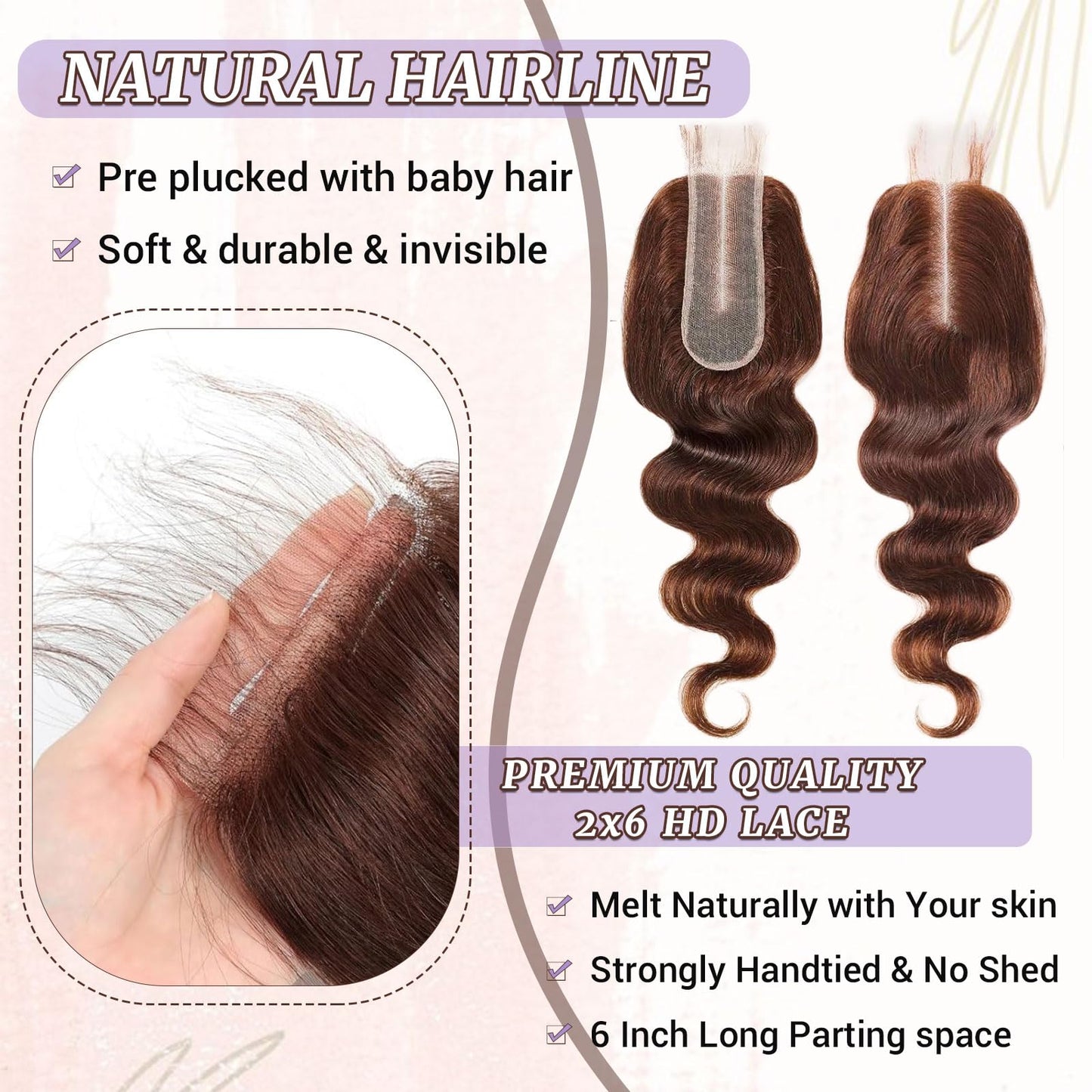 DSEKCAIN 2x6 HD Lace Closure Human Hair Body Wave 4# Chocolate Brown Color Transparent Lace Closure 2x6 Long Deep Middle Part 10