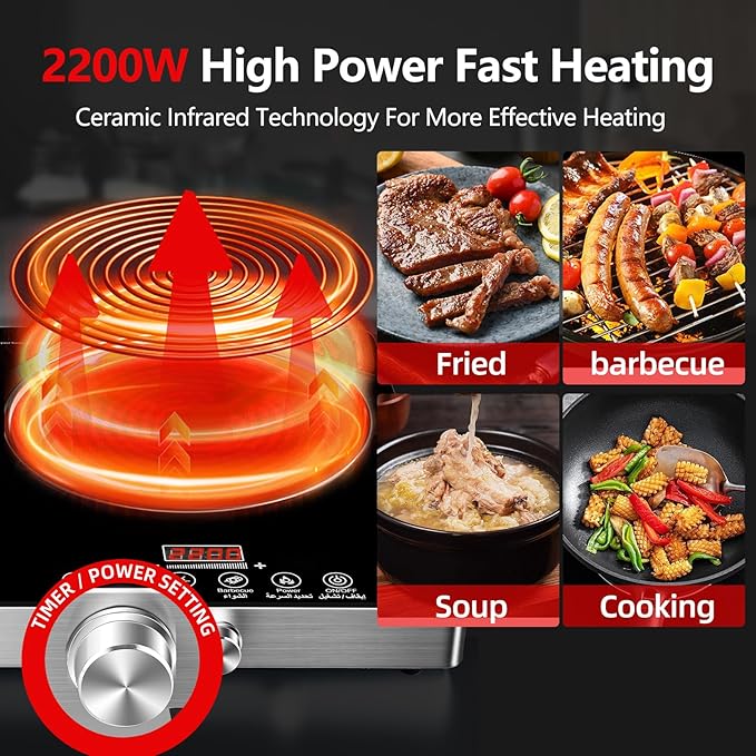 2 Burner Electric Cooktop, 2200W+2200W 110V Electric Double Burner with 3H Timer, Adjustable Temperature for Countertop Cooking, Portable Stove Top Infrared Cooker, Compatible for All Cookware