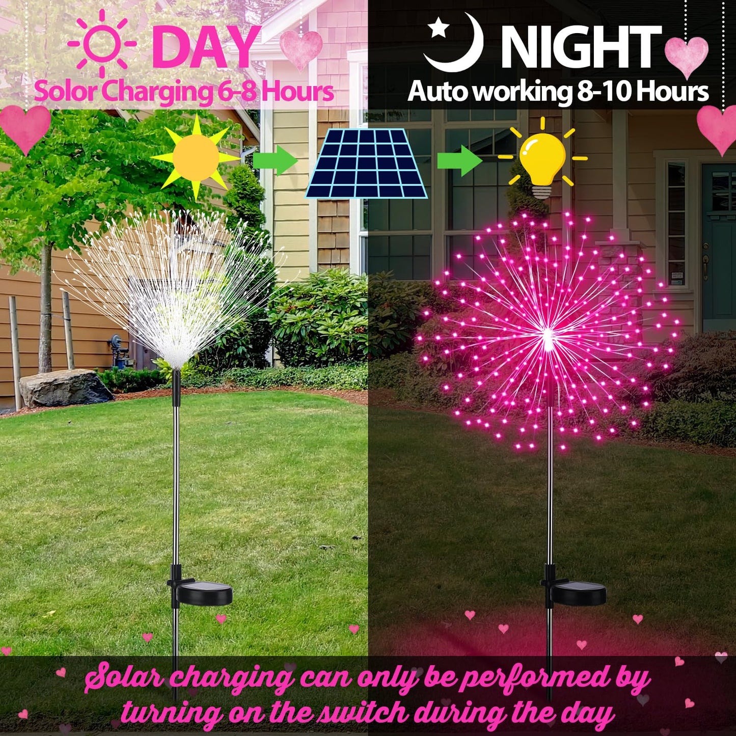 Tujoe 4 Pcs Valentine's Day Solar Lights Outdoor Pink Solar Firework Lights Decoration 180 LEDs 8 Modes Waterproof Valentine LED Stake Sparkler for Walkway Pathway Driveway Garden Yard Lawn Path(Pink)